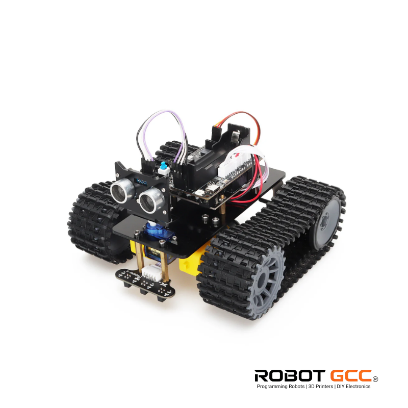 Robot chassis with wheels and electronic components on a white background, featuring the ROBOT GCC logo.