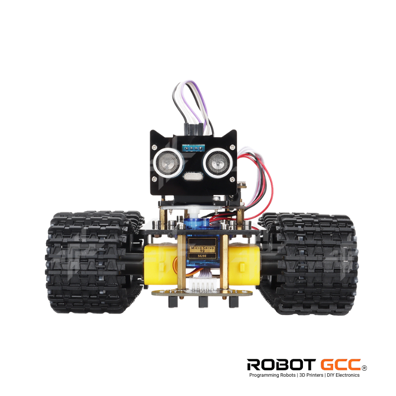 Robot chassis with wheels and electronic components on a white background, featuring the ROBOT GCC logo.