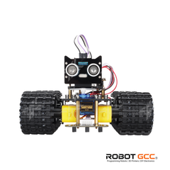 Robot chassis with wheels and electronic components on a white background, featuring the ROBOT GCC logo.