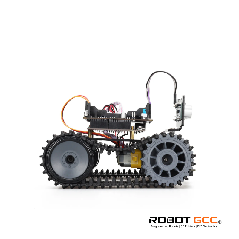 Robot chassis with wheels and electronic components on a white background, featuring the ROBOT GCC logo.