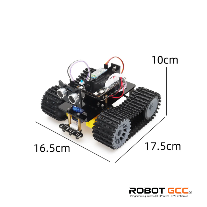 Robot chassis with measurement dimensions on a white background, featuring the ROBOT GCC logo.