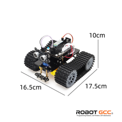 Robot chassis with measurement dimensions on a white background, featuring the ROBOT GCC logo.
