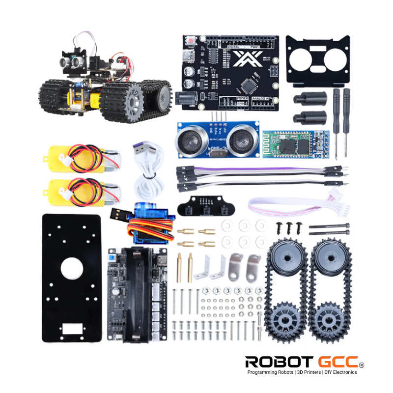 Robotic components and parts on a white background with ROBOT GCC branding.