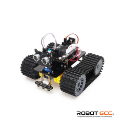 Robot chassis with wheels and electronic components on a white background, featuring the ROBOT GCC logo.