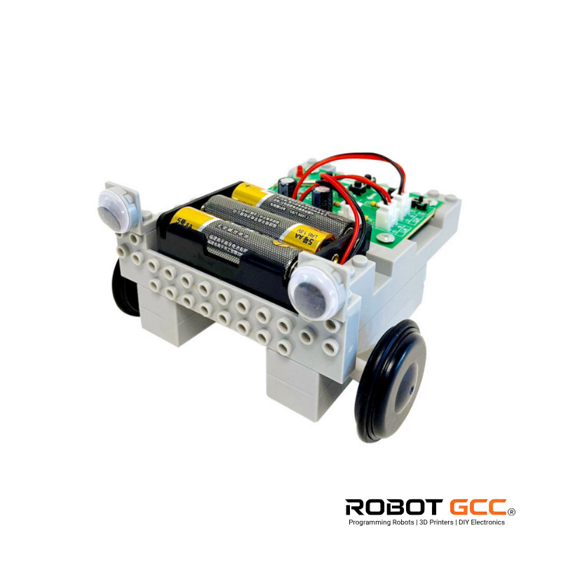 Small robot chassis with wheels and electronic components on a white background, featuring the Robot GCC logo.