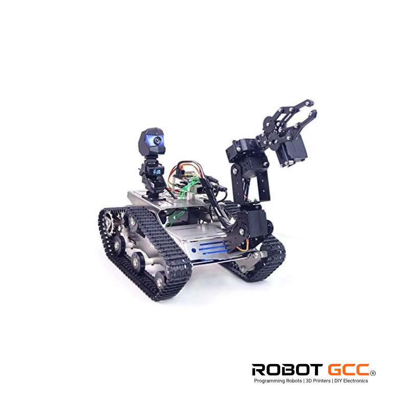 Robotic vehicle with arm and camera on a white background, featuring the brand 'Robot GCC'.