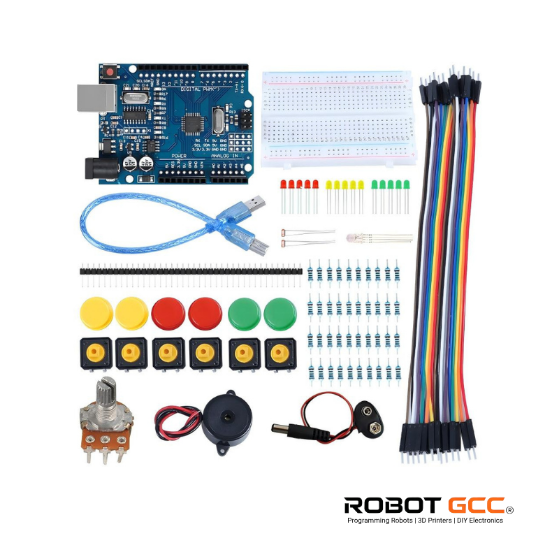 Electronic components and accessories for robotics on a white background with 'Robot GCC' branding.
