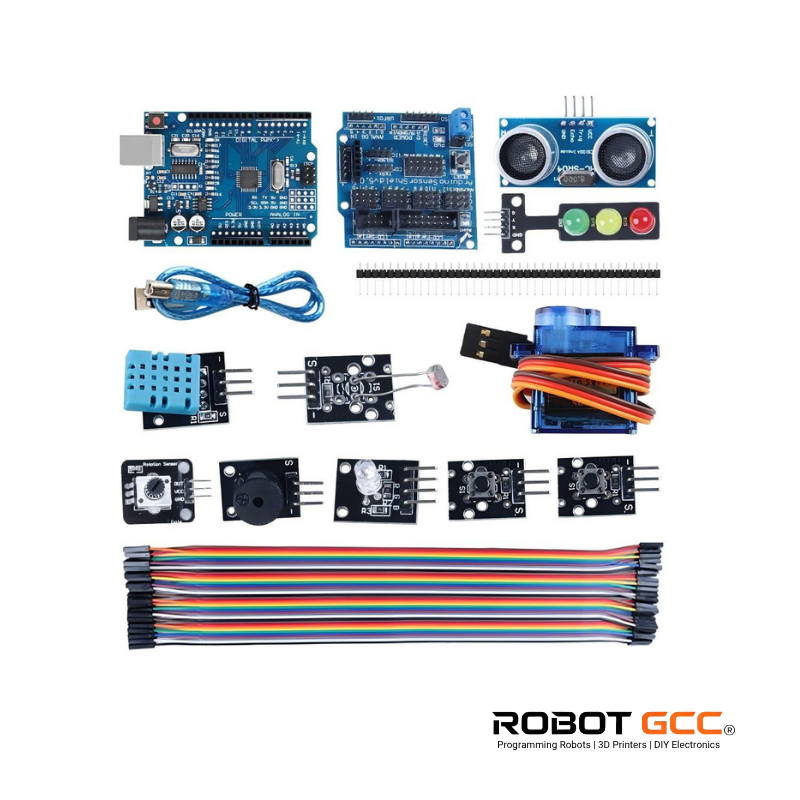 Collection of electronic components and boards on a white background with 'Robot GCC' branding.