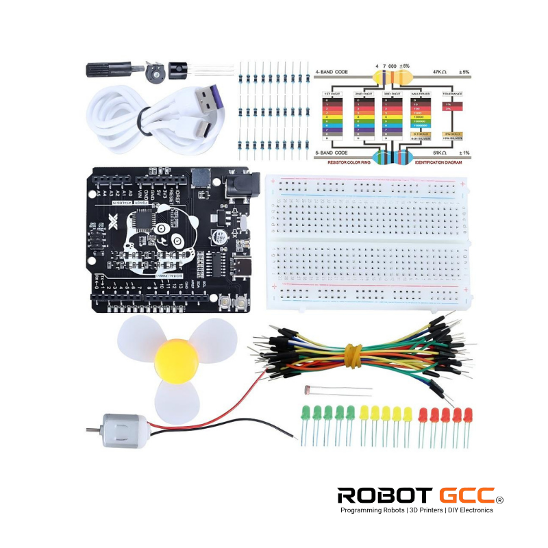 Electronic components and tools for robotics on a white background with 'Robot GCC' branding.