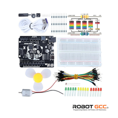 Electronic components and tools for robotics on a white background with 'Robot GCC' branding.