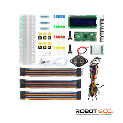 Collection of electronic components and tools on a white background with 'Robot GCC' branding.
