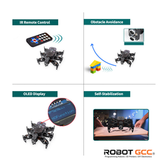 Diagram of a robot with features like IR remote control, obstacle avoidance, OLED display, and self-stabilization, with Robot GCC branding.
