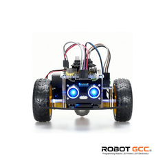Robotic vehicle with visible wiring and lights on a white background, featuring the brand 'Robot GCC'.