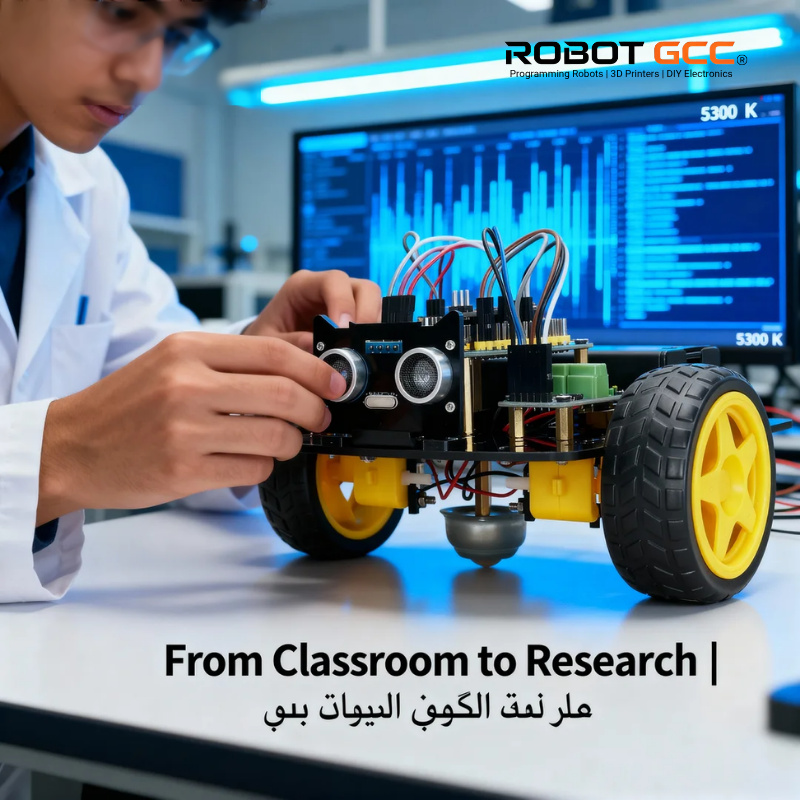 Person working on a robot chassis with visible branding of ROBOTGCC in a laboratory setting.