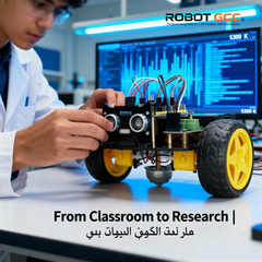 Person working on a robot chassis with visible branding of ROBOTGCC in a laboratory setting.