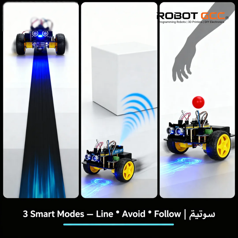 Robotics kit with smart modes on a white background, featuring ROBOT GCC branding.
