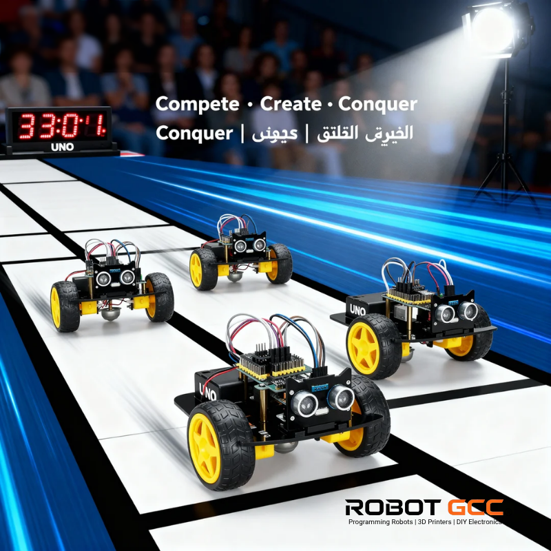 Robotic cars on a track with 'Compete, Create, Conquer' text and 'ROBOT GCC' branding.
