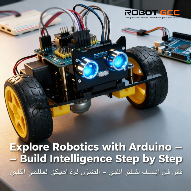 Robotics kit with Arduino components on a table, featuring ROBOTGCC branding.
