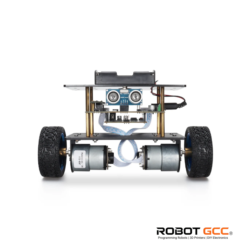 Robot chassis with wheels and electronic components on a white background, featuring the ROBOT GCC logo.