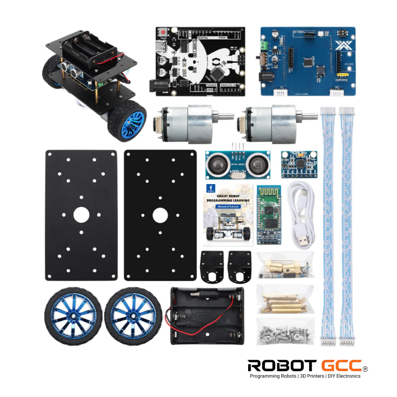 Collection of electronic components and parts for robotics on a white background with ROBOT GCC branding.