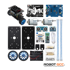 Collection of electronic components and parts for robotics on a white background with ROBOT GCC branding.