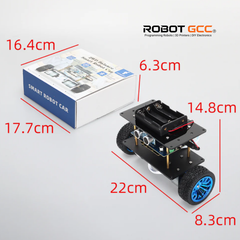 Smart robot car with dimensions labeled and ROBOT GCC branding.