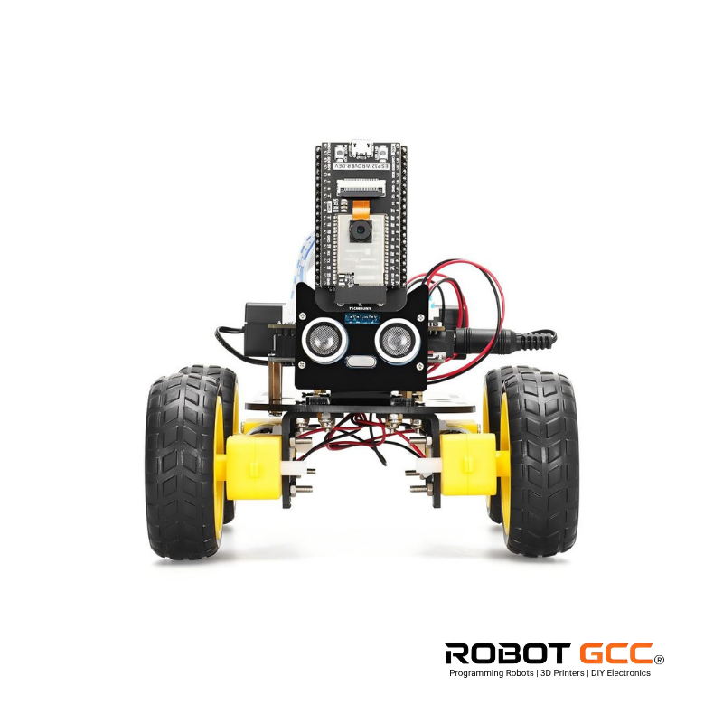 Robot chassis with wheels and electronic components on a white background, featuring the RobotGCO logo.