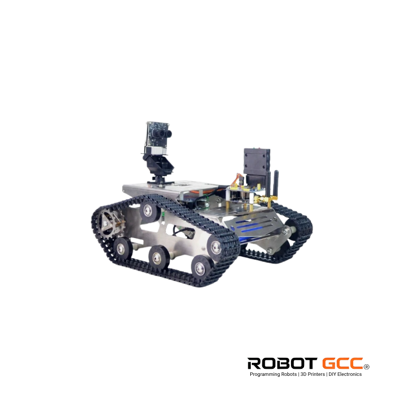 Robot chassis with wheels and camera on a white background, featuring the Robot GCC logo.