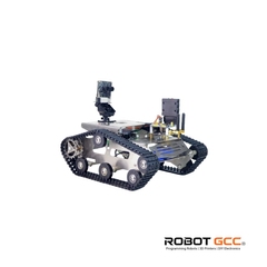 Robot chassis with wheels and camera on a white background, featuring the Robot GCC logo.