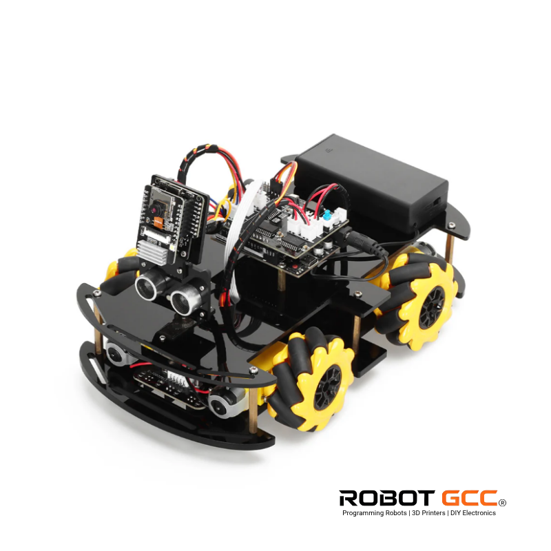 Robotic chassis with electronic components on a white background, featuring the Robot GCC logo.