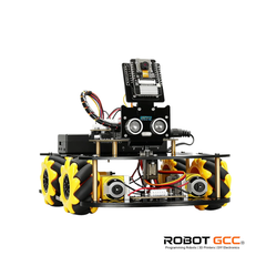 Robotic chassis with motors and wiring on a white background, featuring the Robot GCC logo.