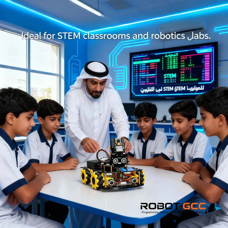 Teacher and students in a classroom setting with a robot, ideal for STEM classrooms and robotics labs.