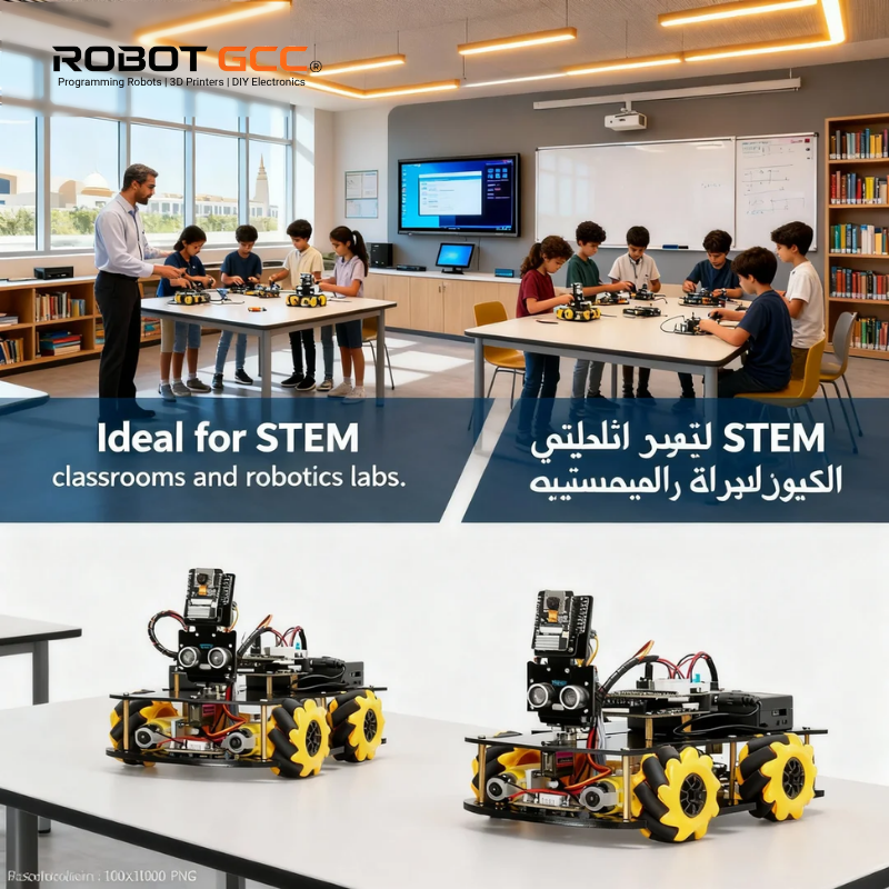 Classroom setting with students and teachers working on robotics projects, featuring ROBOT GCC branding.
